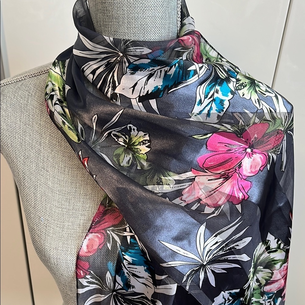 NWOT Pink Floral Patterned Black Striped Scarf Silk Feel, 59x13 inch - Picture 5 of 7